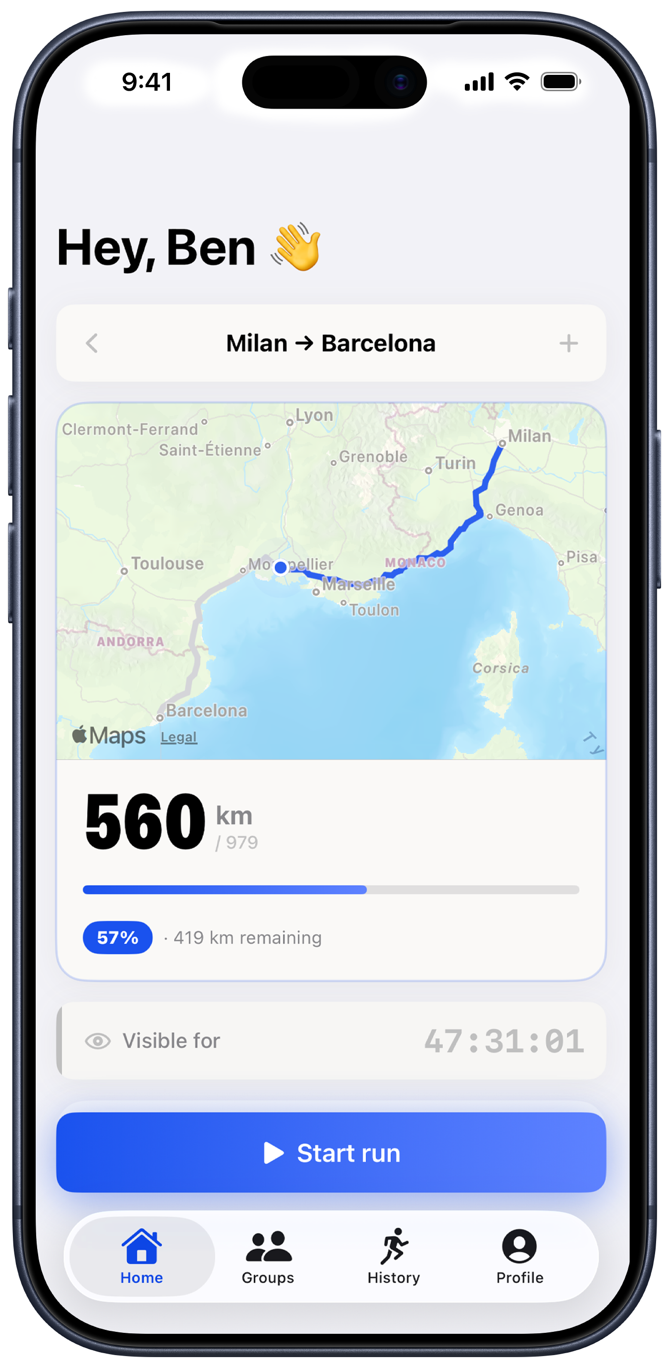 LngRun app — group route Milan to Barcelona